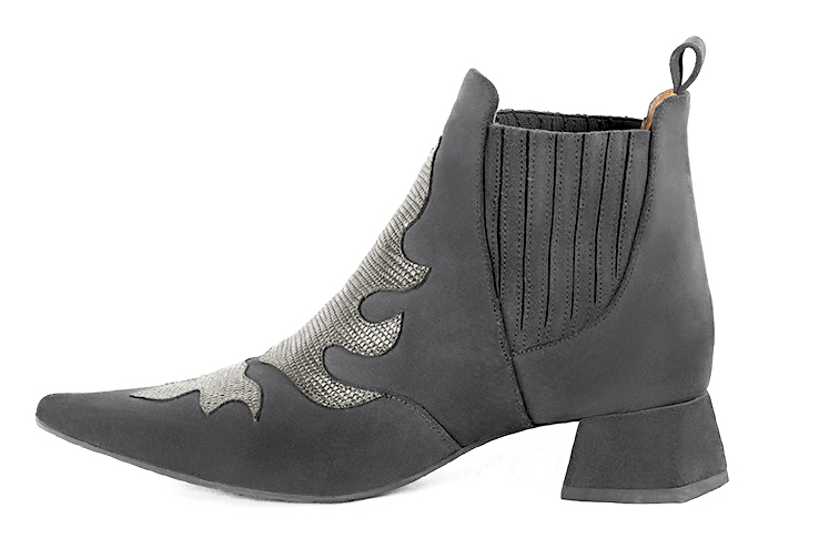 Dark grey women's ankle boots, with elastics. Pointed toe. Low flare heels. Profile view - Florence KOOIJMAN